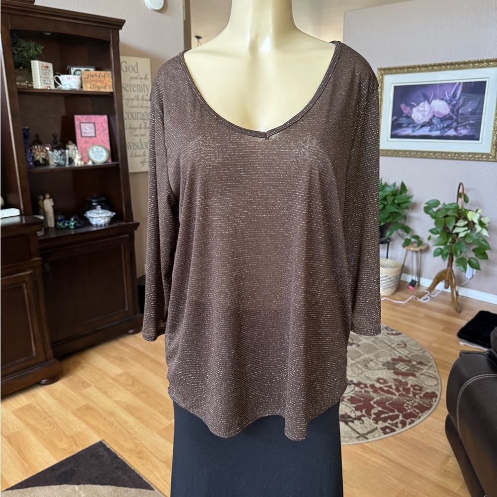 Star Vixen brown shimmer 3/4 sleeve Vneck blouse-size  1X